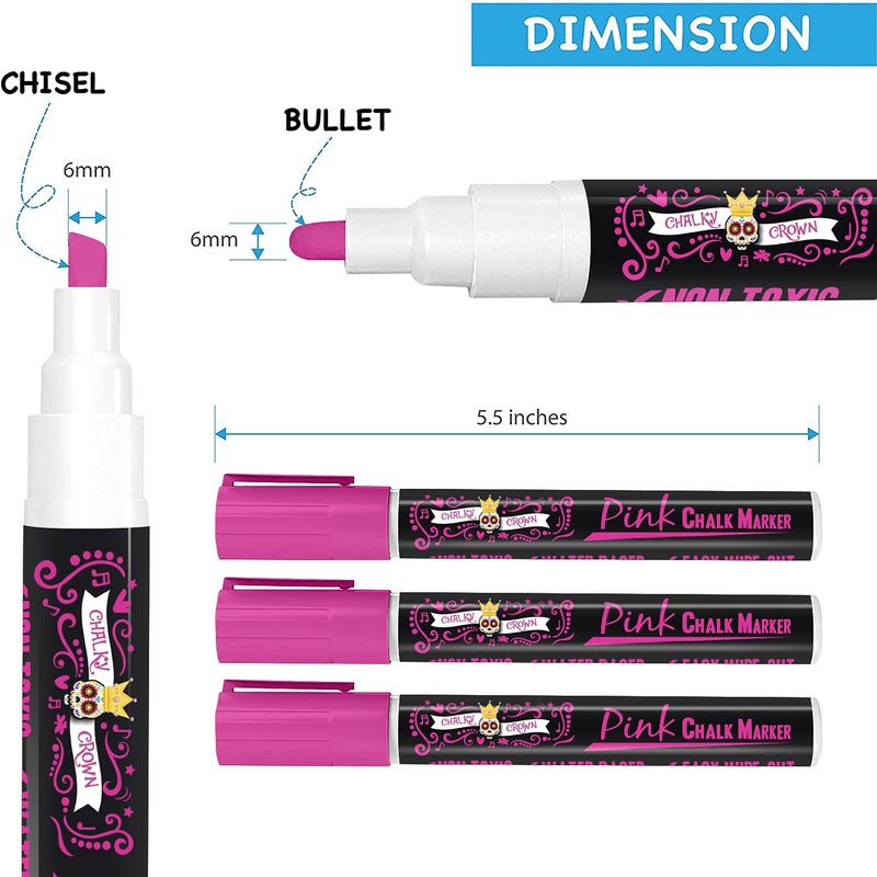 CHALKY CROWN قلم ماركر سائل تشالكي كراون - قلم مسح جاف - أقلام طباشير لعلامات السبورة، النوافذ، السبورة السوداء، الزجاج - طرف قابل للعكس 6 مم (وردي، 5 عبوات) - Image 4